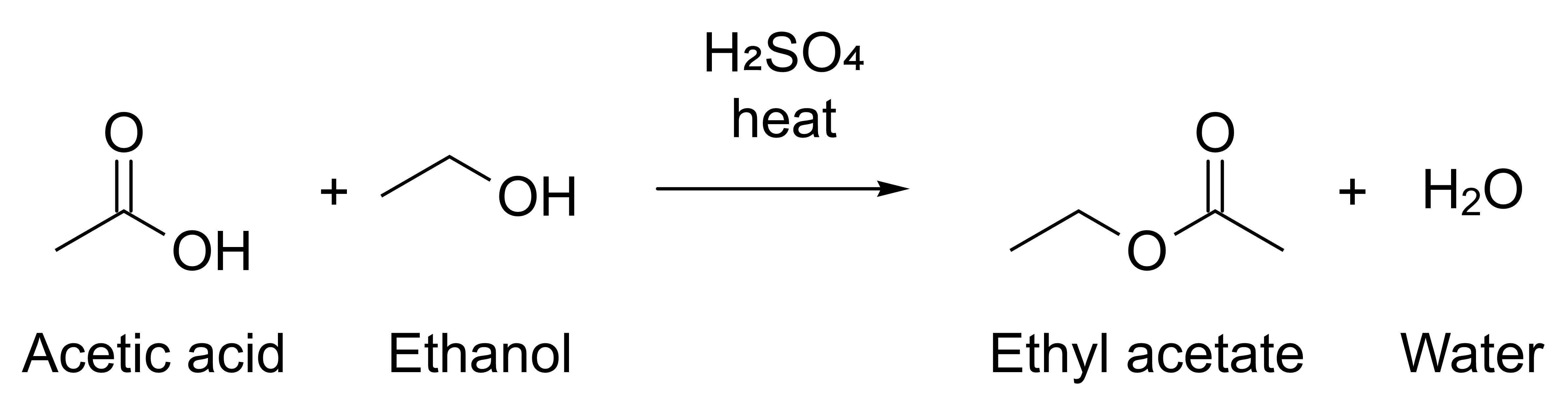 Acetic acid and ethanol give ethyl acetate and water, with H₂SO₄ and heat over the arrow