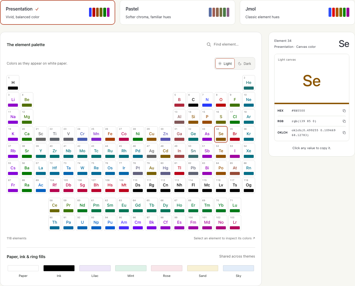 Presentation palette on white paper, with selenium selected and its RGB and OKLCH values shown.