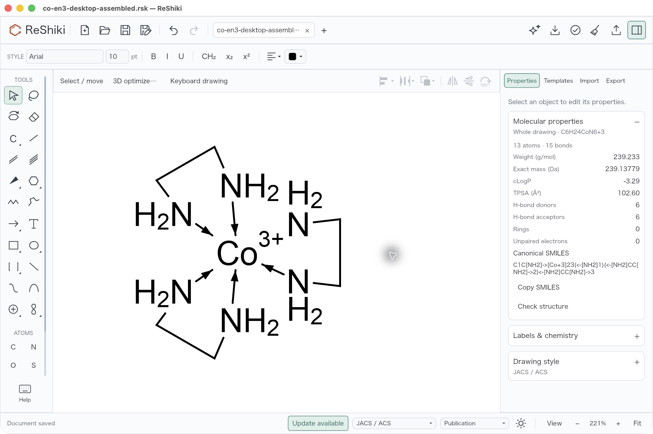 The complete six-contact complex after Save As, with 13 atoms and 15 bonds.