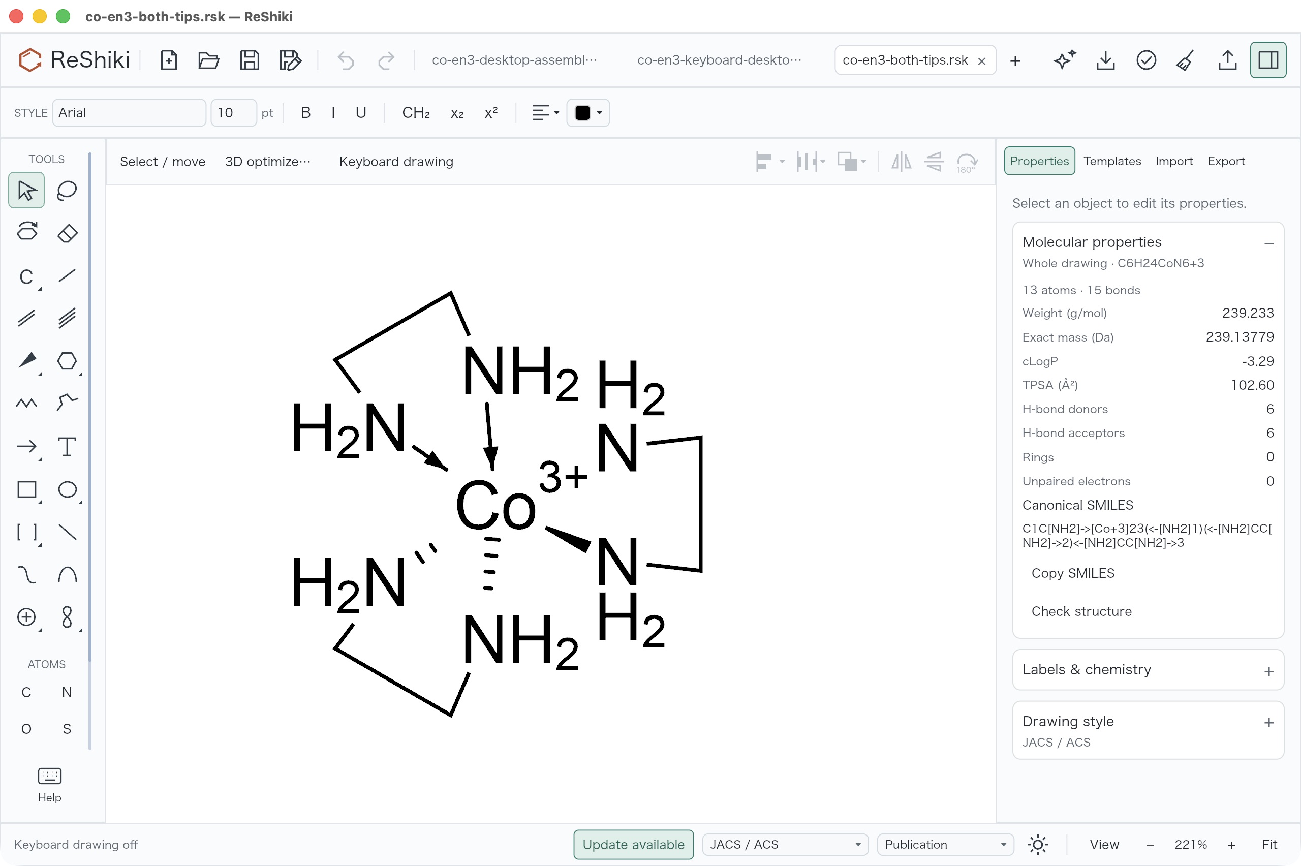 One intact 13-atom complex shows solid and hashed dative projection narrowed at either endpoint.