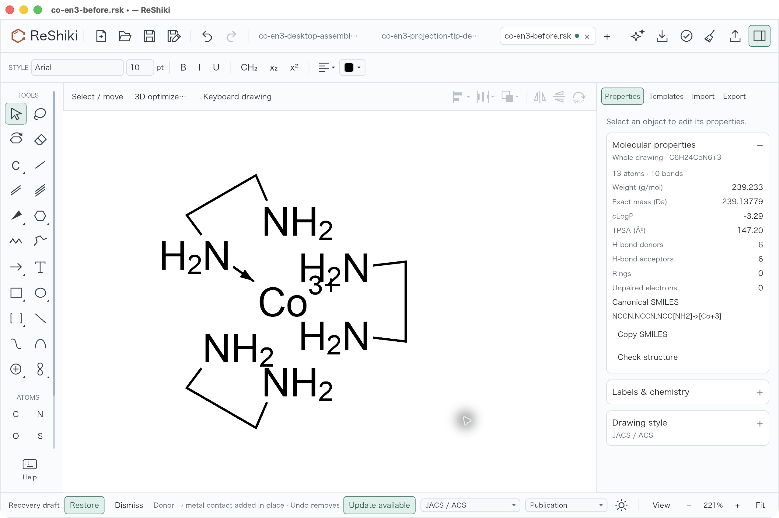 Coordinate in place adds the matching donor-10 contact without moving atoms; whole Properties reports 13 atoms and 10 bonds.