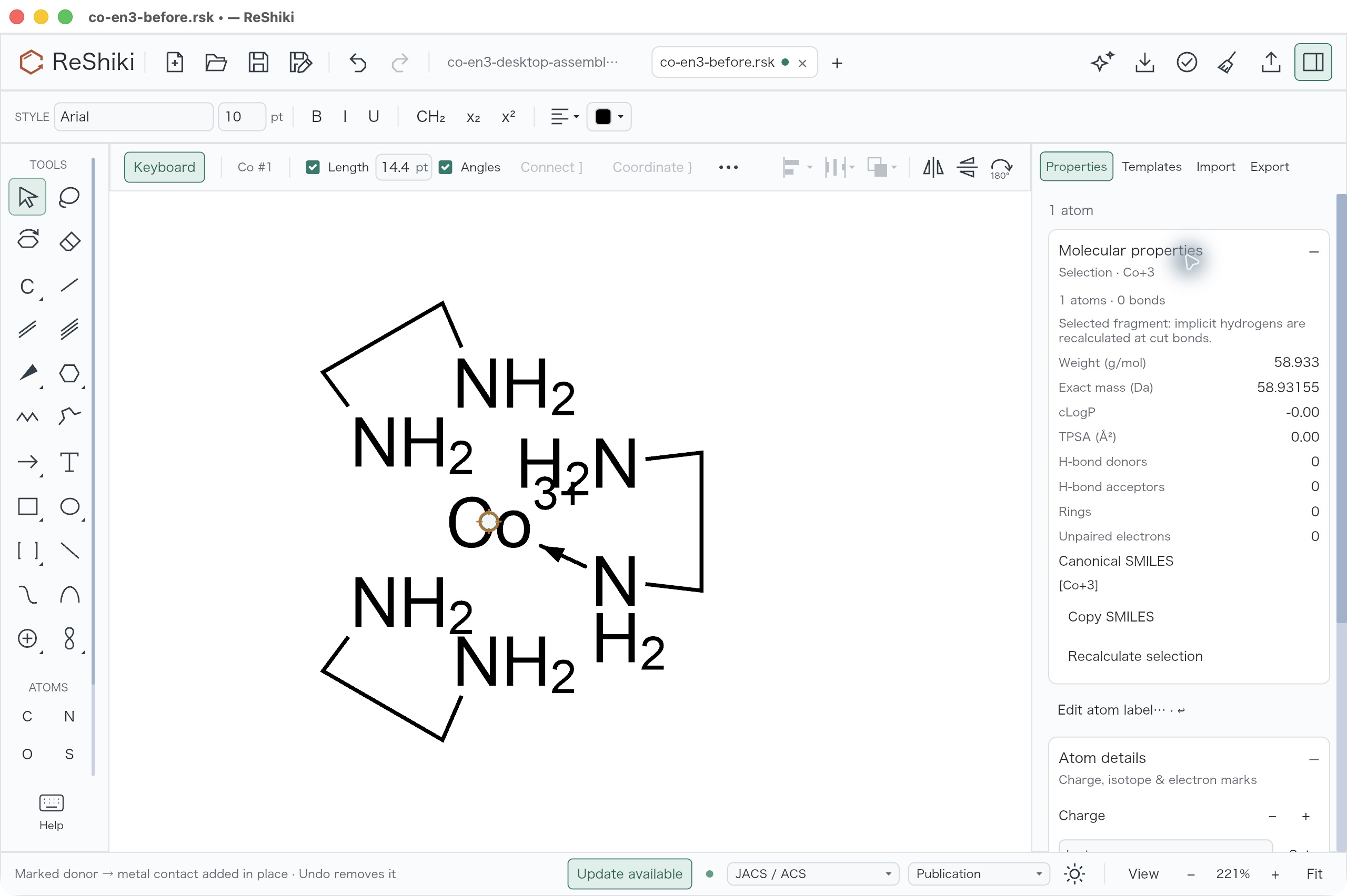 Coordinate } adds donor 5 to Co1; the inspector currently shows only selected cobalt, one atom and zero bonds.