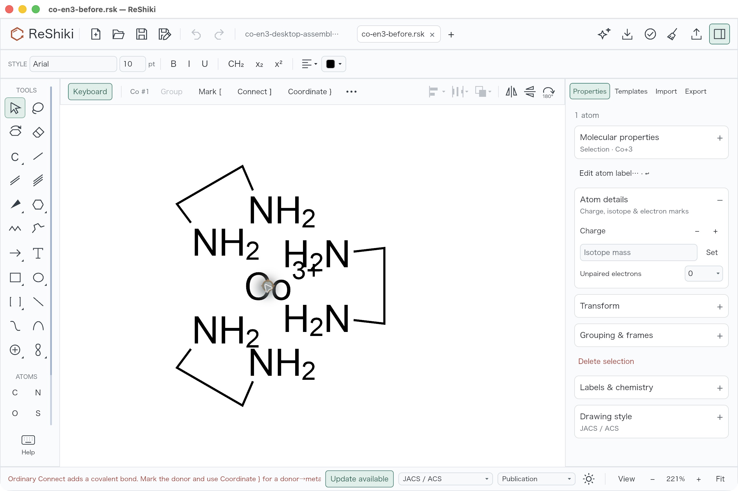 With donor N5 marked and Co1 active, ordinary Connect rejects the covalent operation; the labeled Mark, Connect and Coordinate controls are visible.