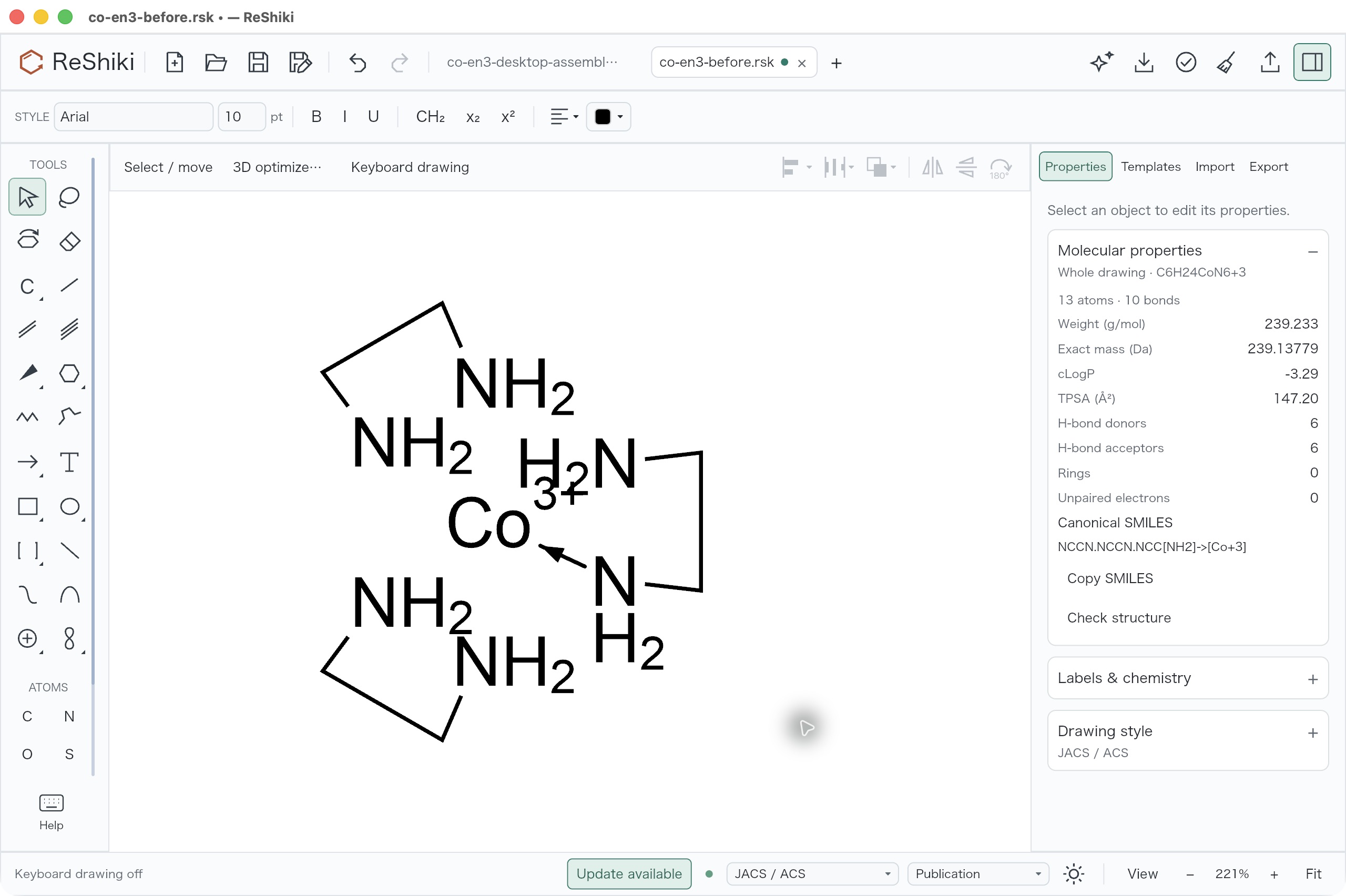 Unselected whole Properties after the keyboard contact reports the actual 13-atom, 10-bond drawing.