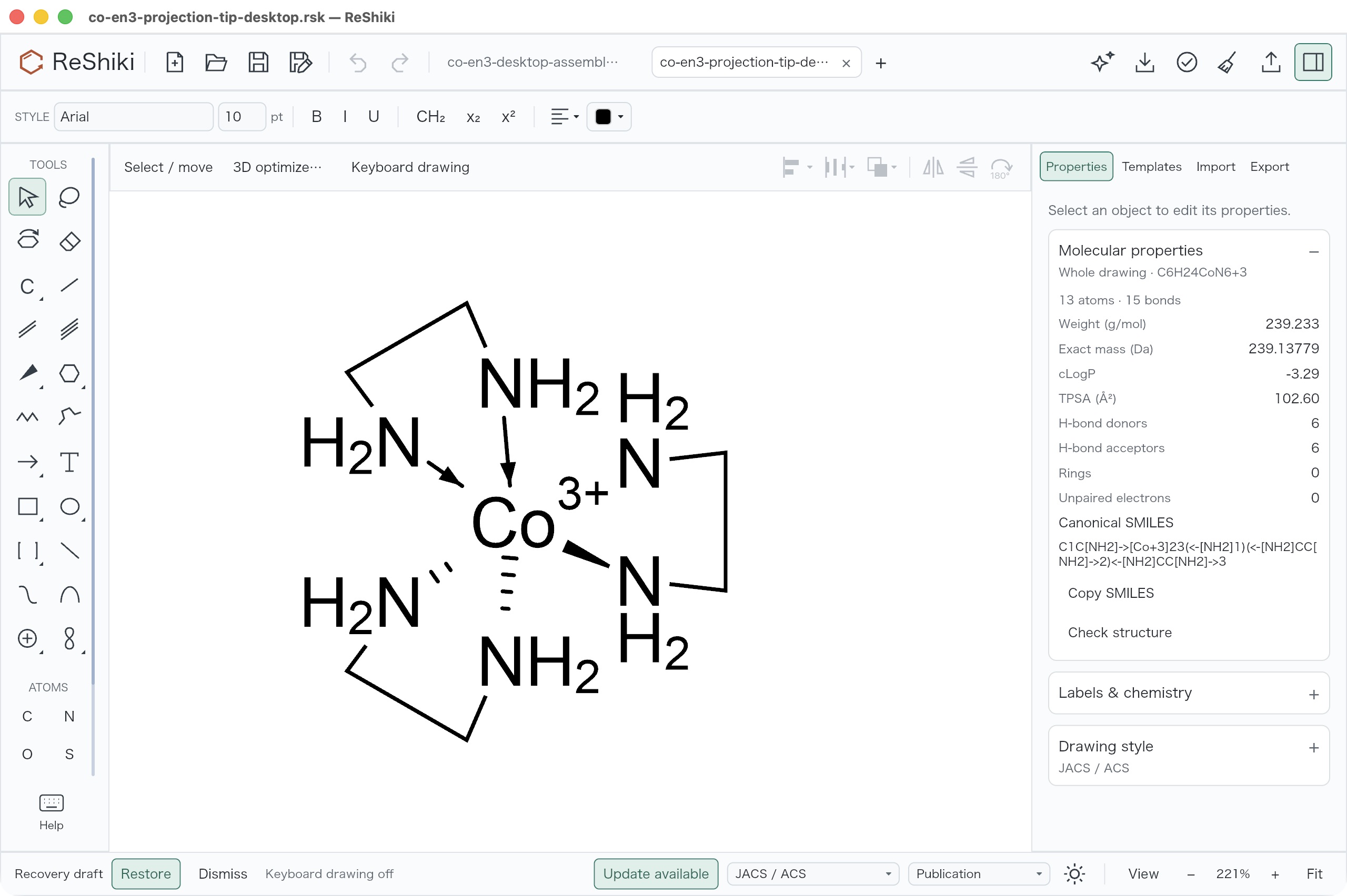 Fresh-process native reopening retains the changed projection tip and the same 13-atom, 15-bond chemical graph.