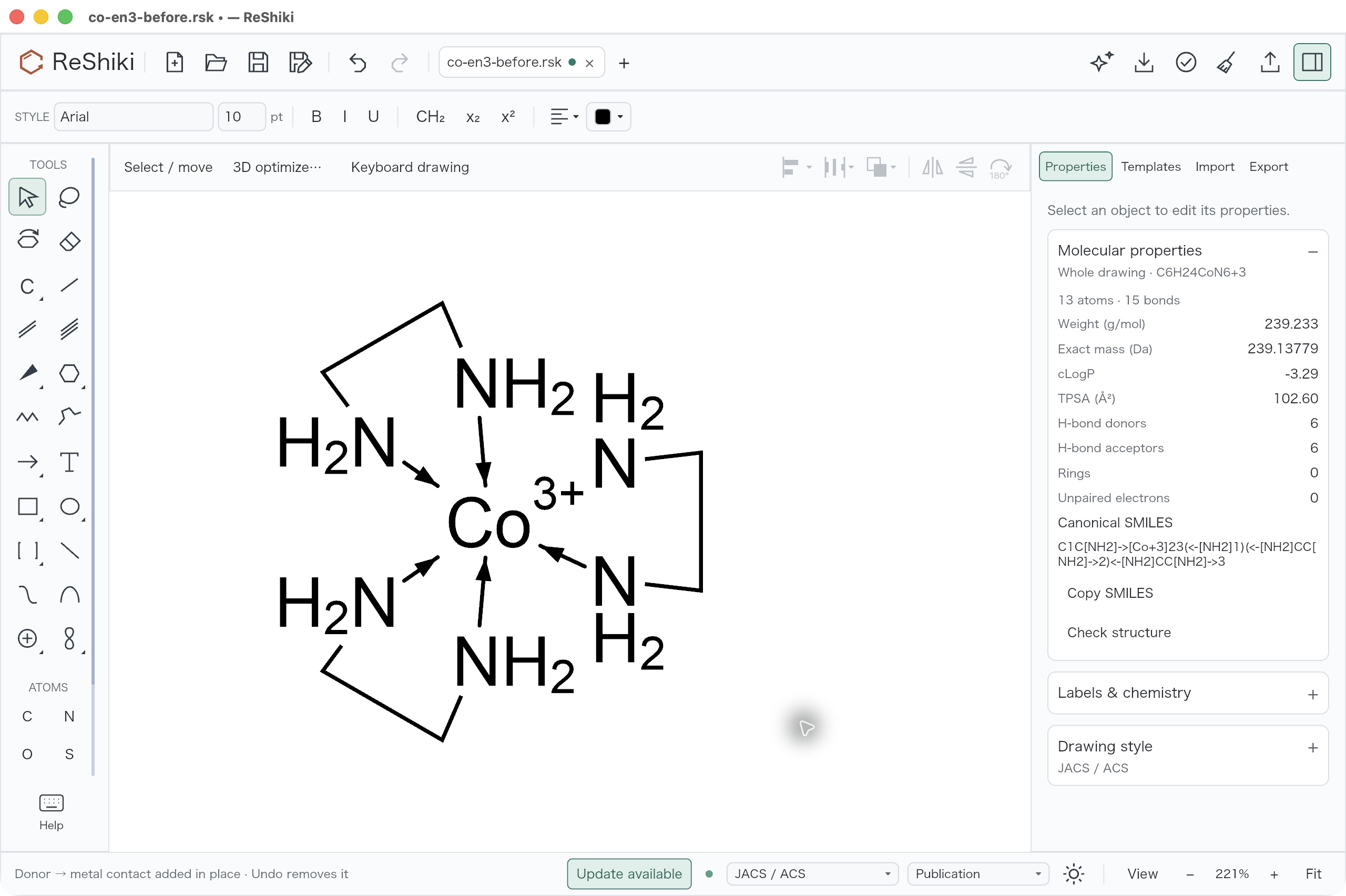 Whole Properties after adding all six donor-to-cobalt contacts reports 13 atoms, 15 bonds and unchanged formula.