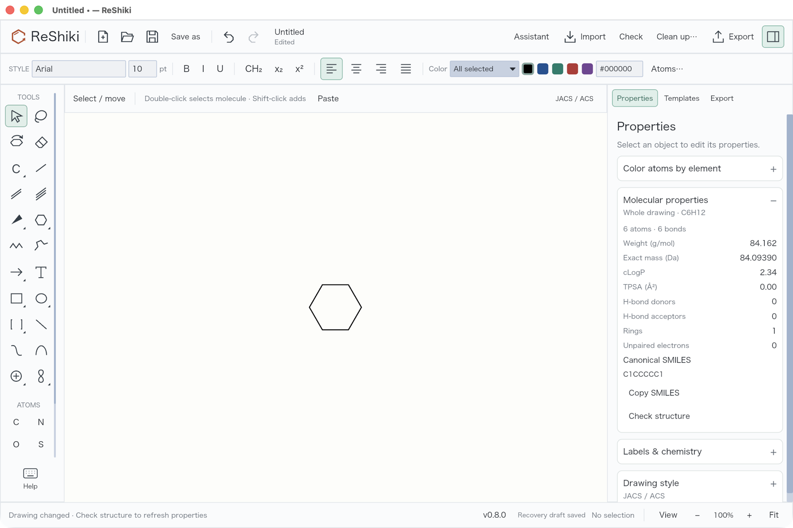 The same six-membered ring drawn at the new 100% starting zoom