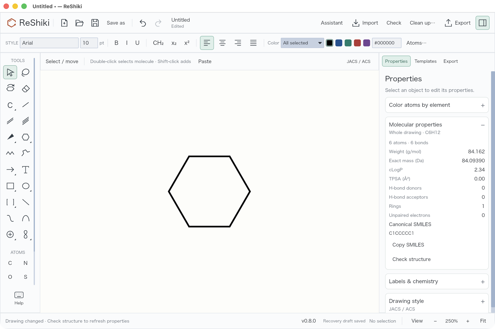 A six-membered ring drawn at the previous 250% starting zoom