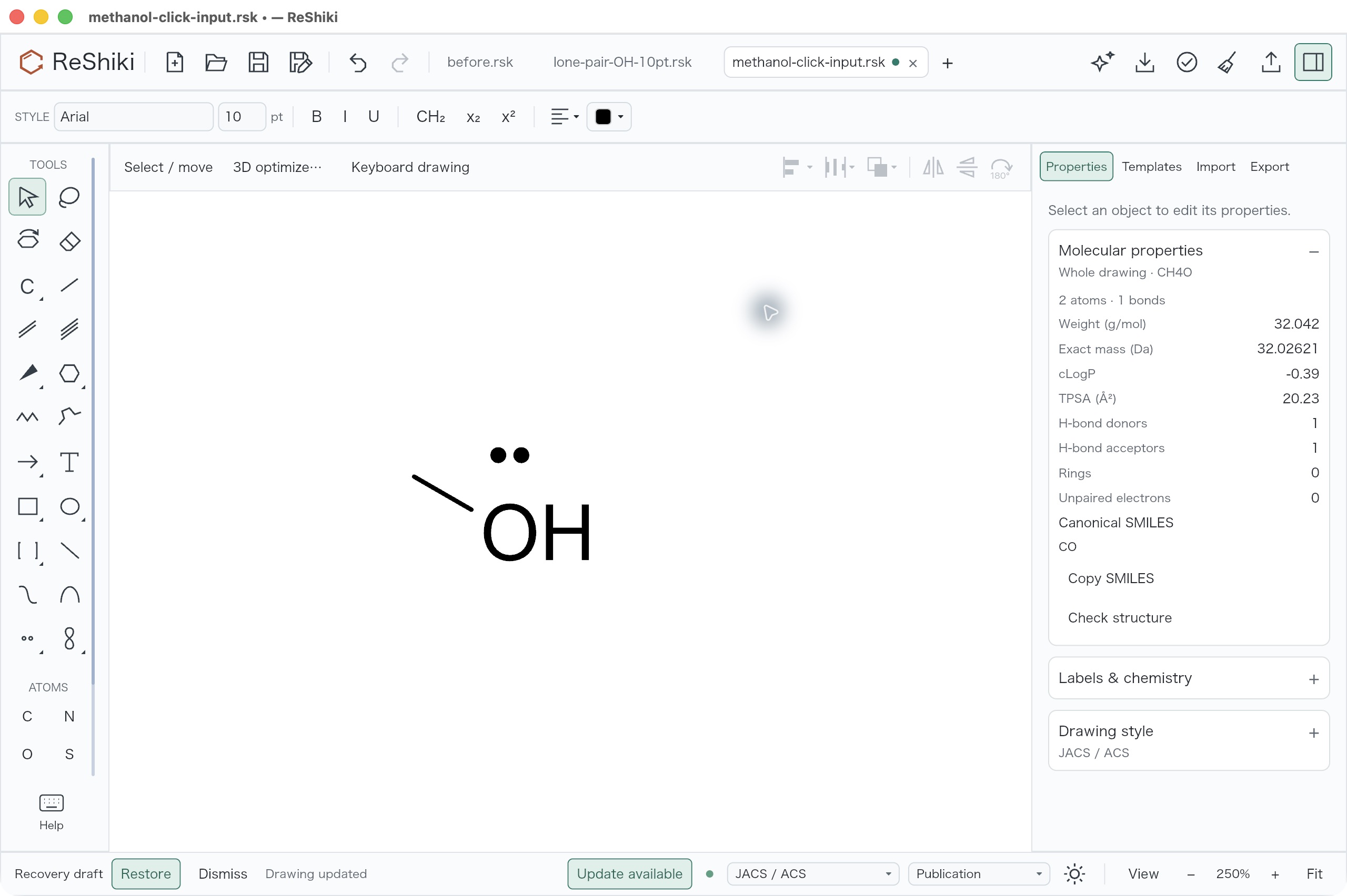 Methanol lone pair sits far above O before, with CH4O and CO properties visible