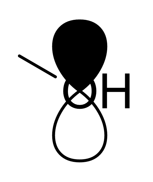Solid p orbital strokes cross methanol O before