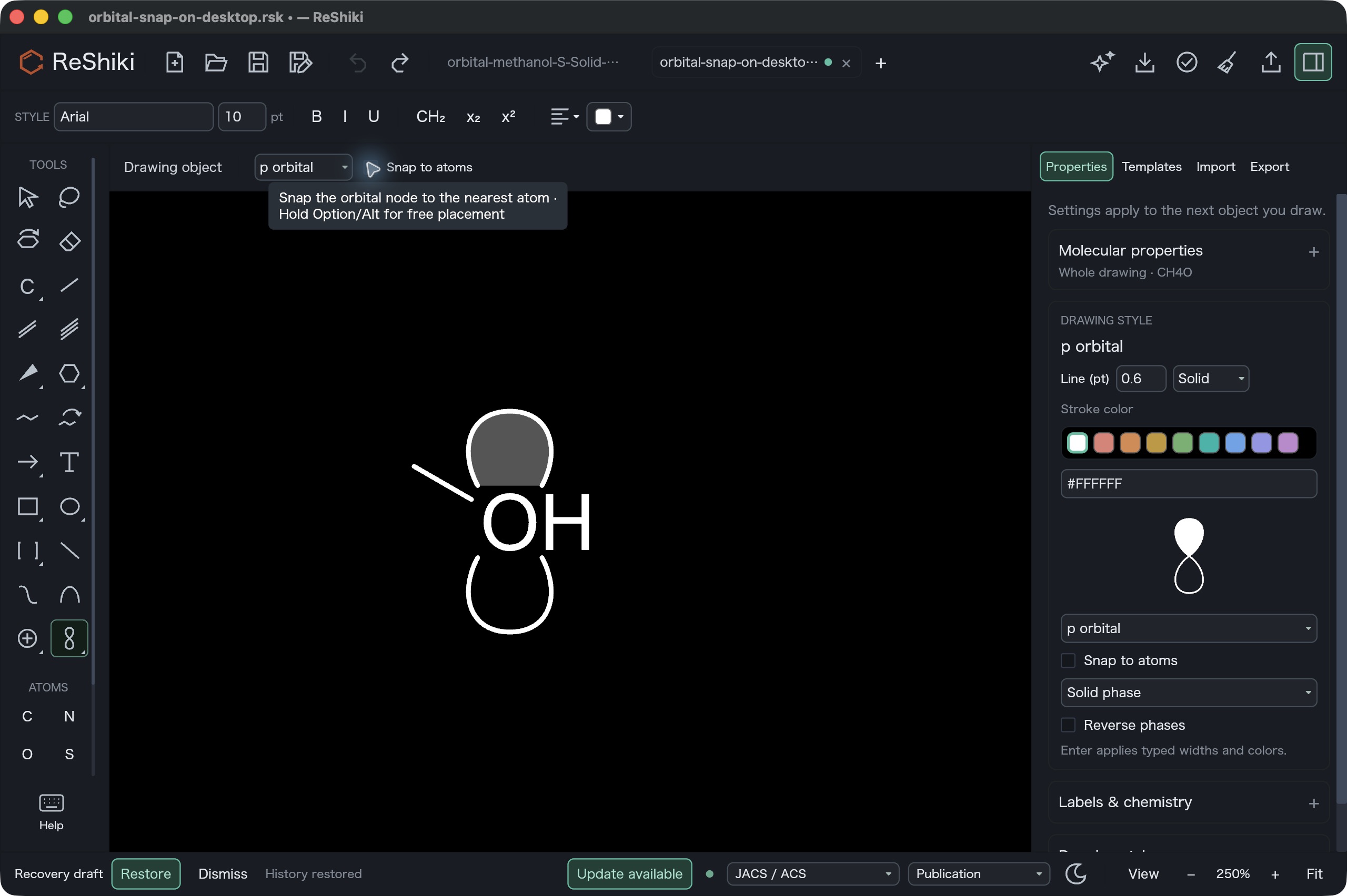 Unchecked Snap to atoms controls in the context bar and Properties, with the actual Option/Alt free-placement hint