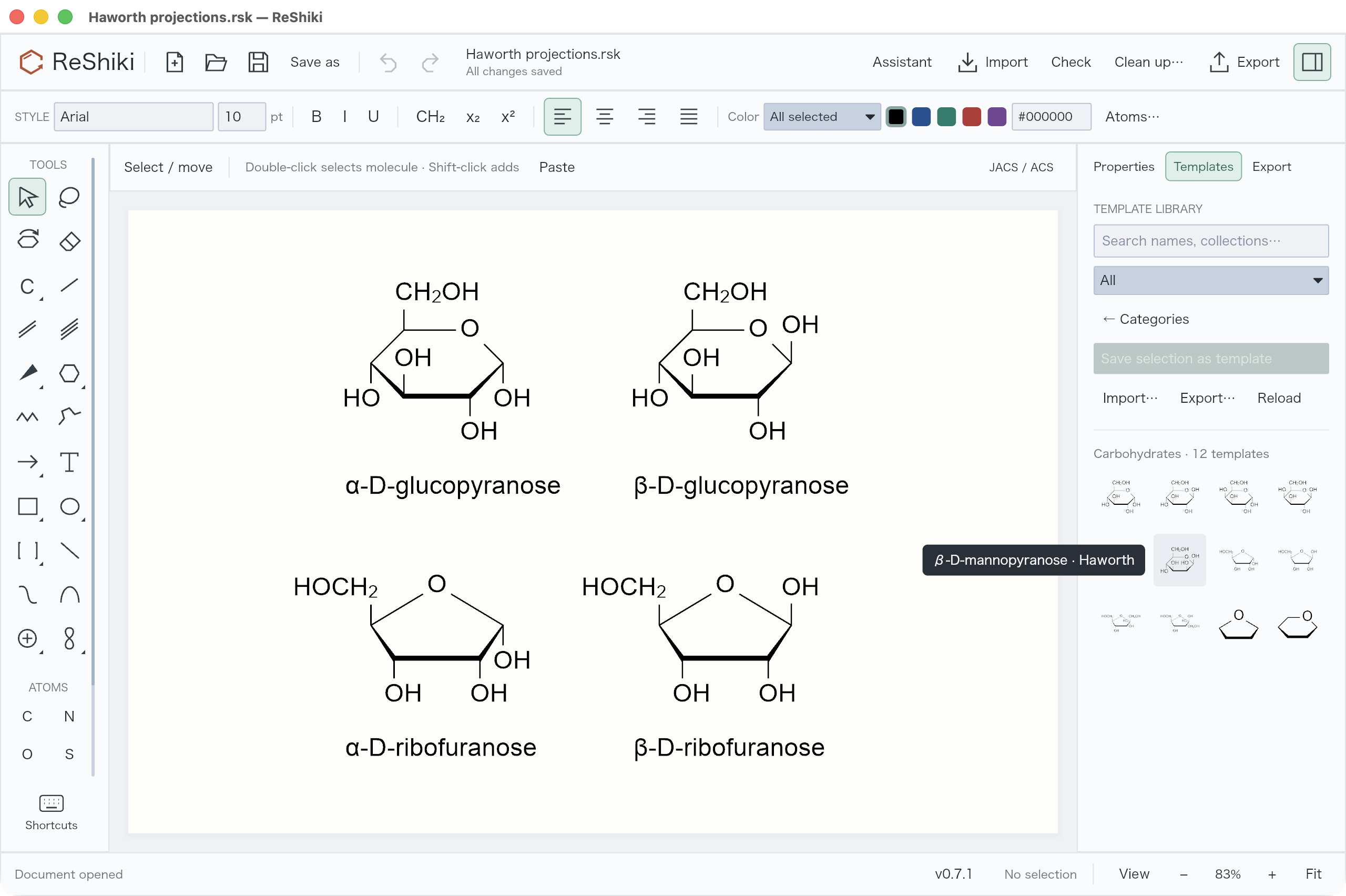 Four editable α/β sugar examples beside the Carbohydrates template collection
