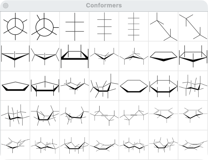 ChemDraw Conformers palette used to compare front edges and ring silhouettes