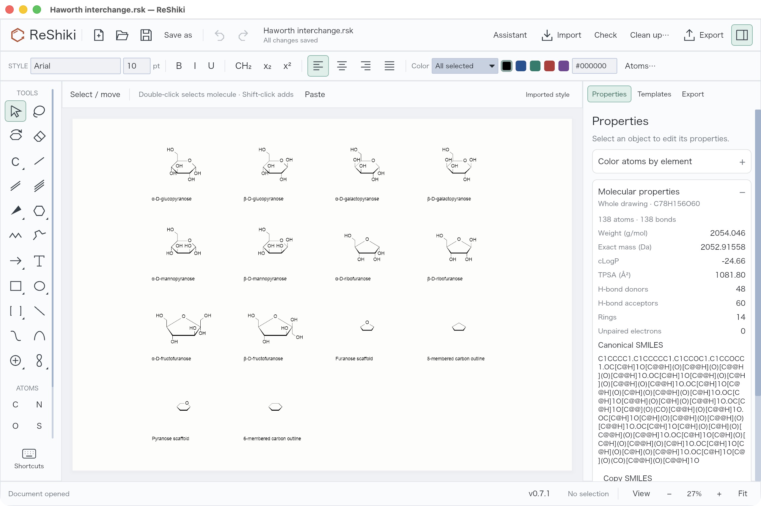 The ChemDraw gallery imported into the optimized ReShiki build, with 138 atoms and 14 rings