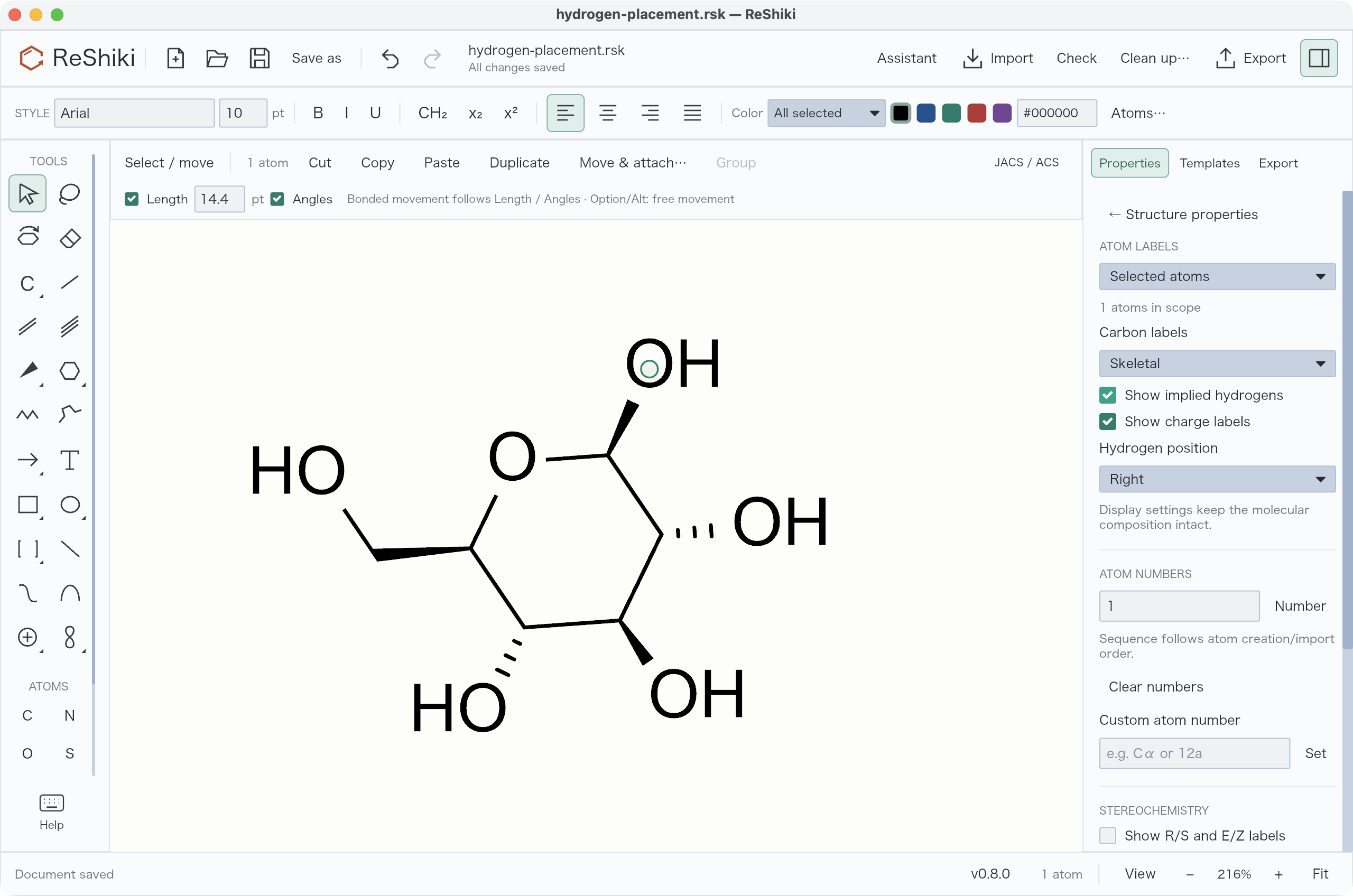 One hydroxyl oxygen selected with Hydrogen position set to Right