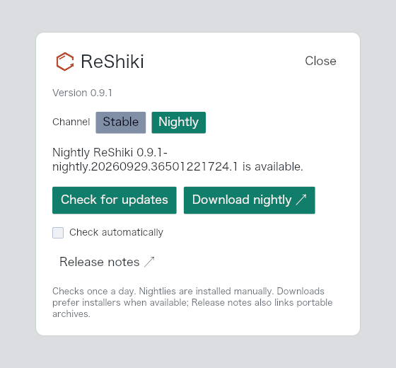 The Nightly update window offers Download nightly and explains that installation is manual, with portable archives linked from Release notes.