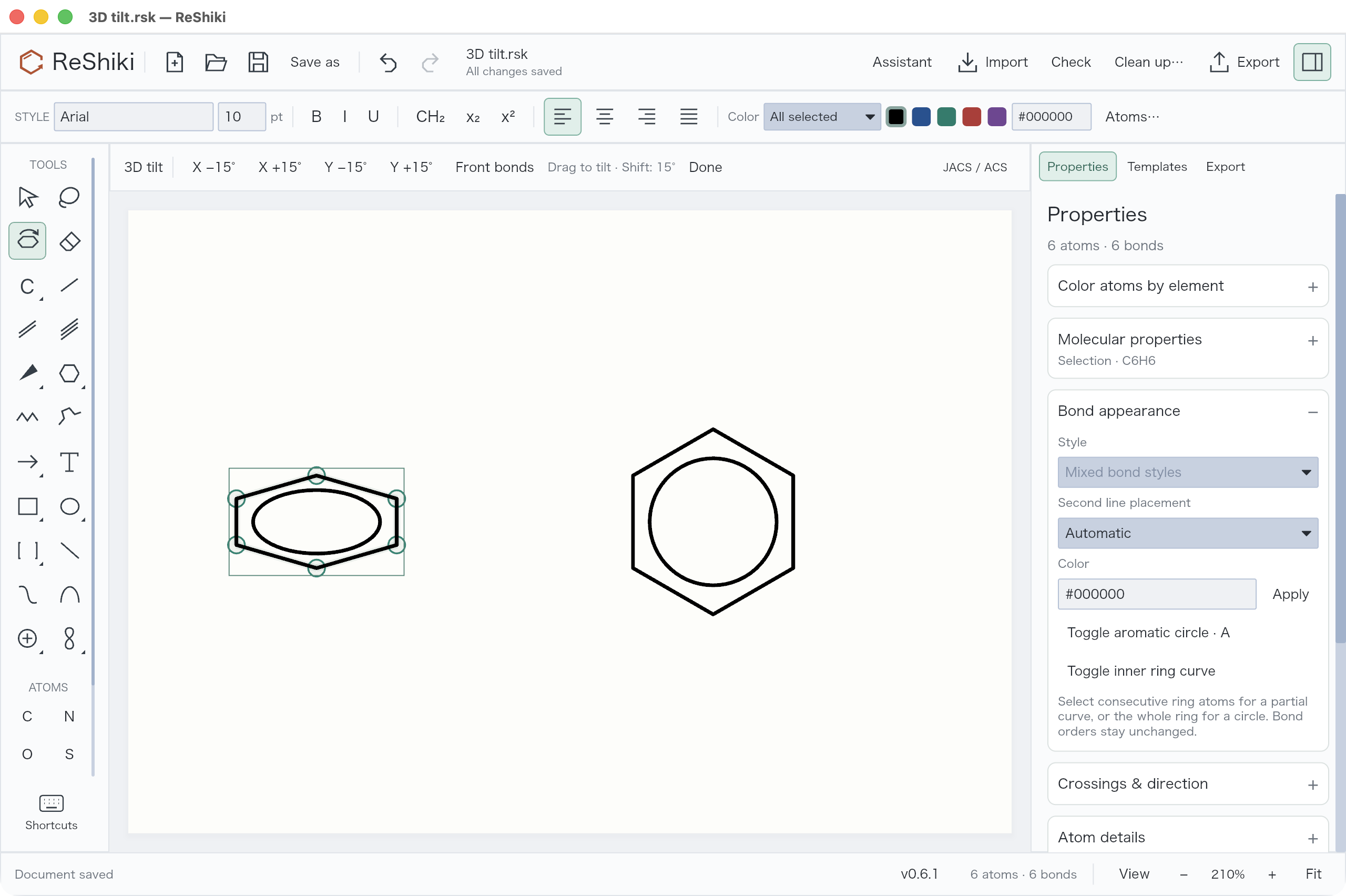 3D tilt tool with a projected ring and an unchanged reference ring