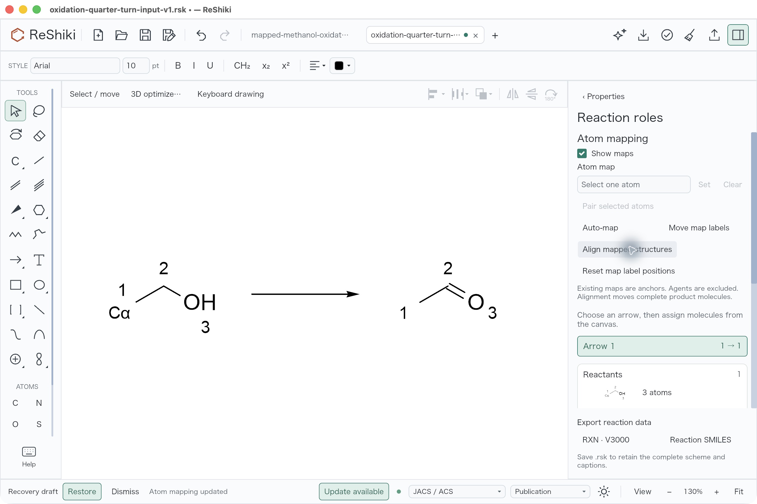 The complete product rotates into the mapped reactant orientation without losing maps or Cα