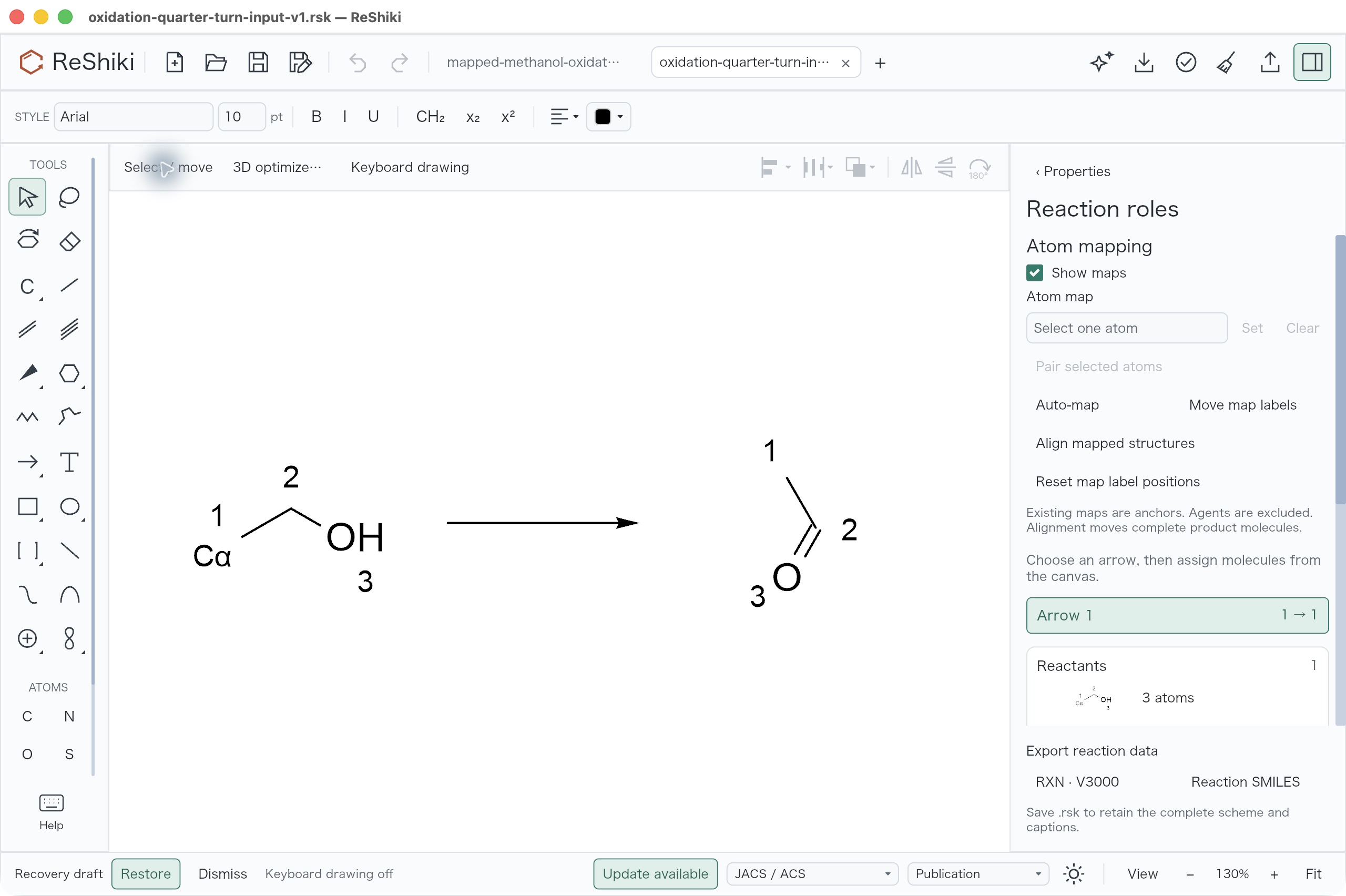 The whole oxidation product is rotated sideways while custom Cα and reactant maps remain visible