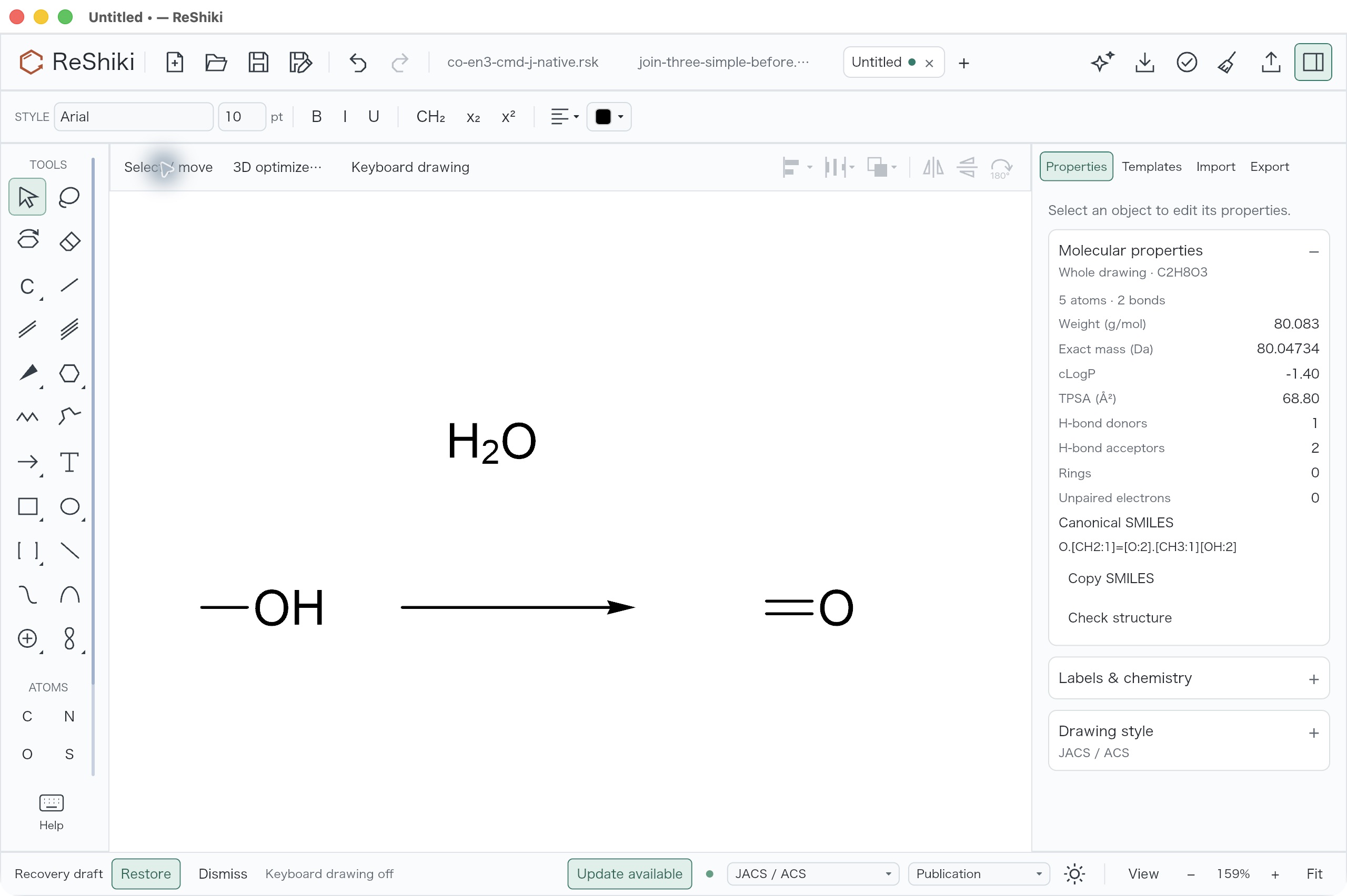 Old native import retains mapped chemistry but shows no map numbers on the canvas