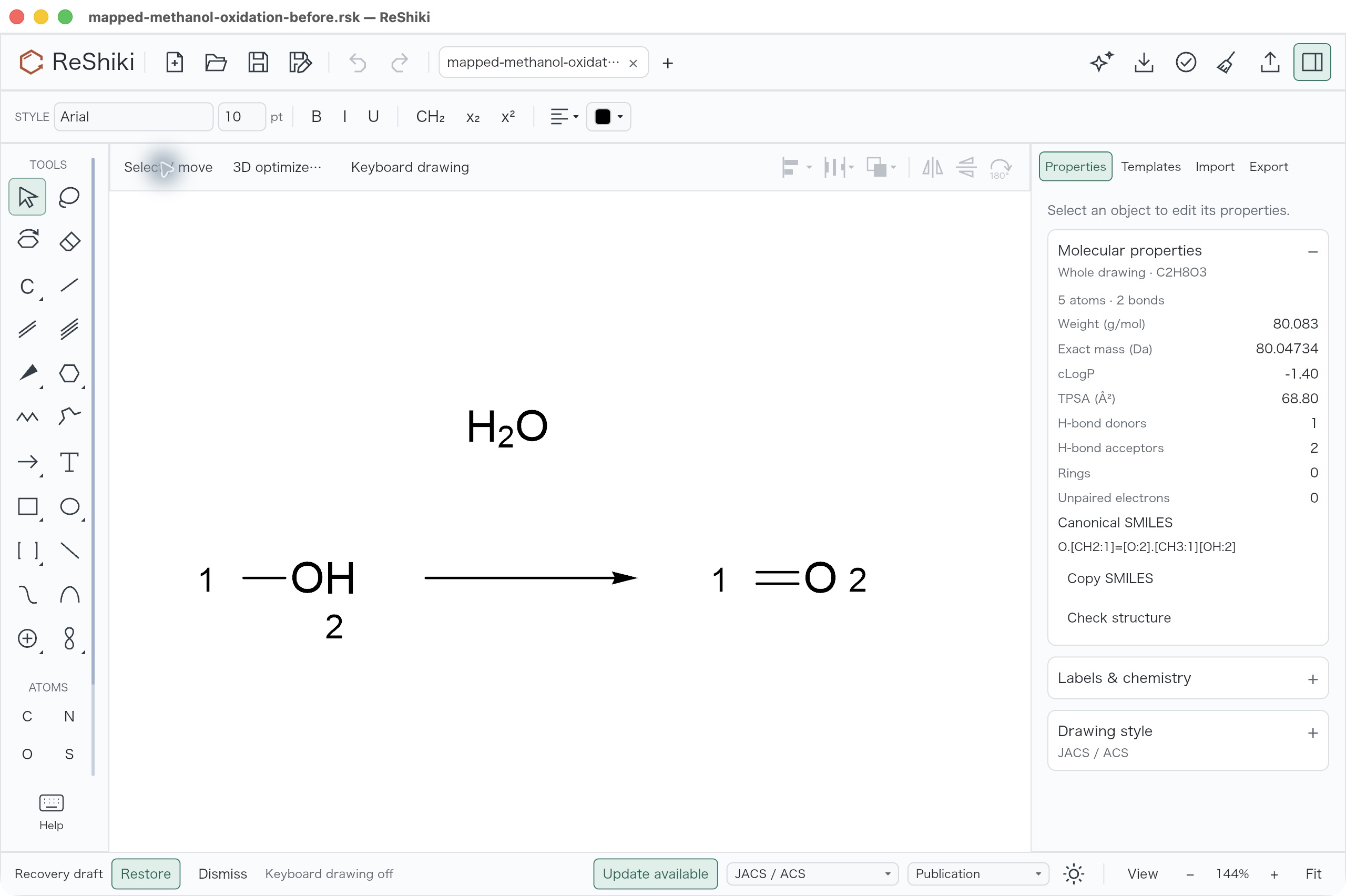 New native app displays maps 1 and 2 on methanol and formaldehyde while water remains unmapped