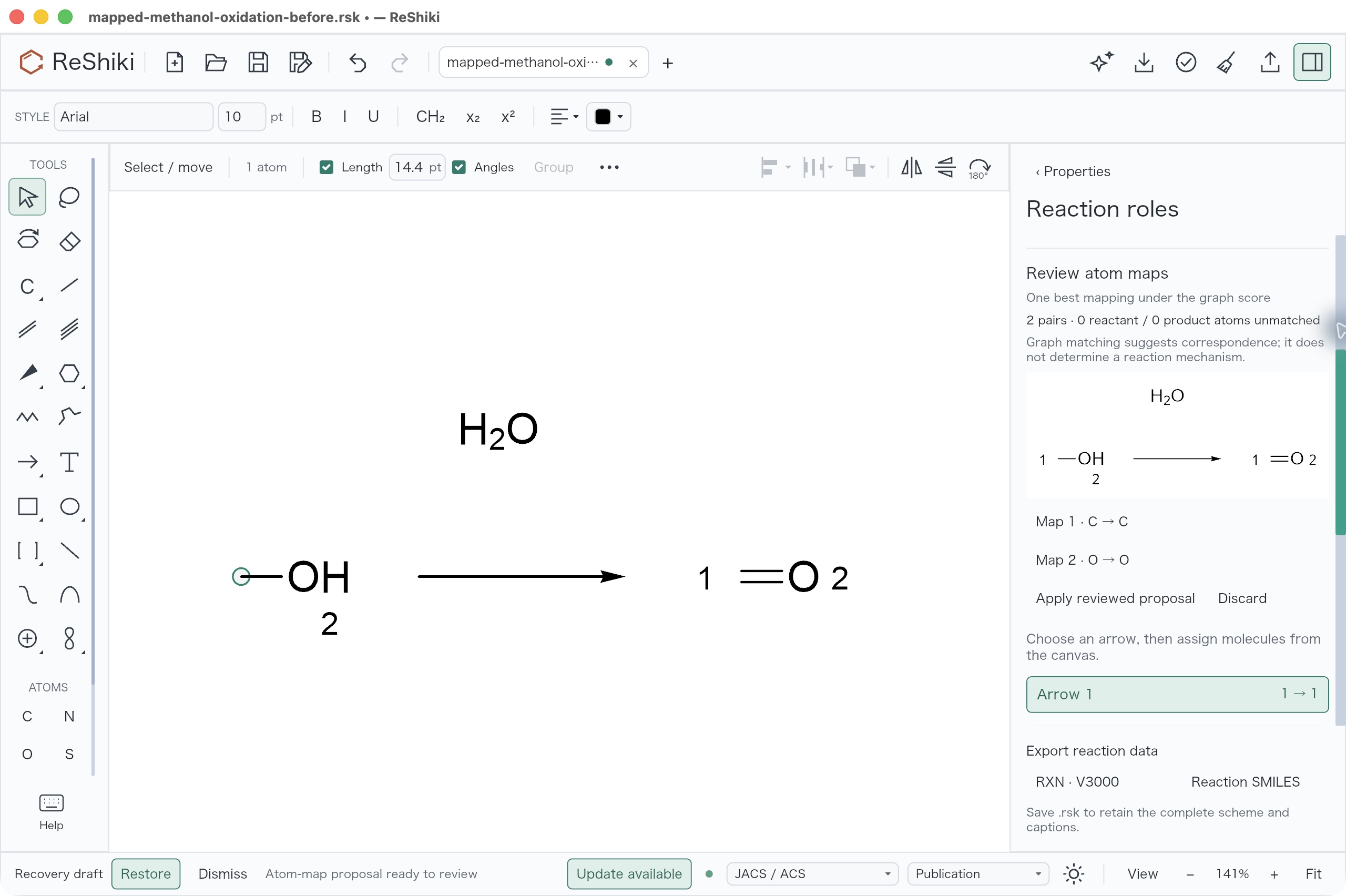 Two pairs appear in the review preview while the main reactant carbon is still unmapped