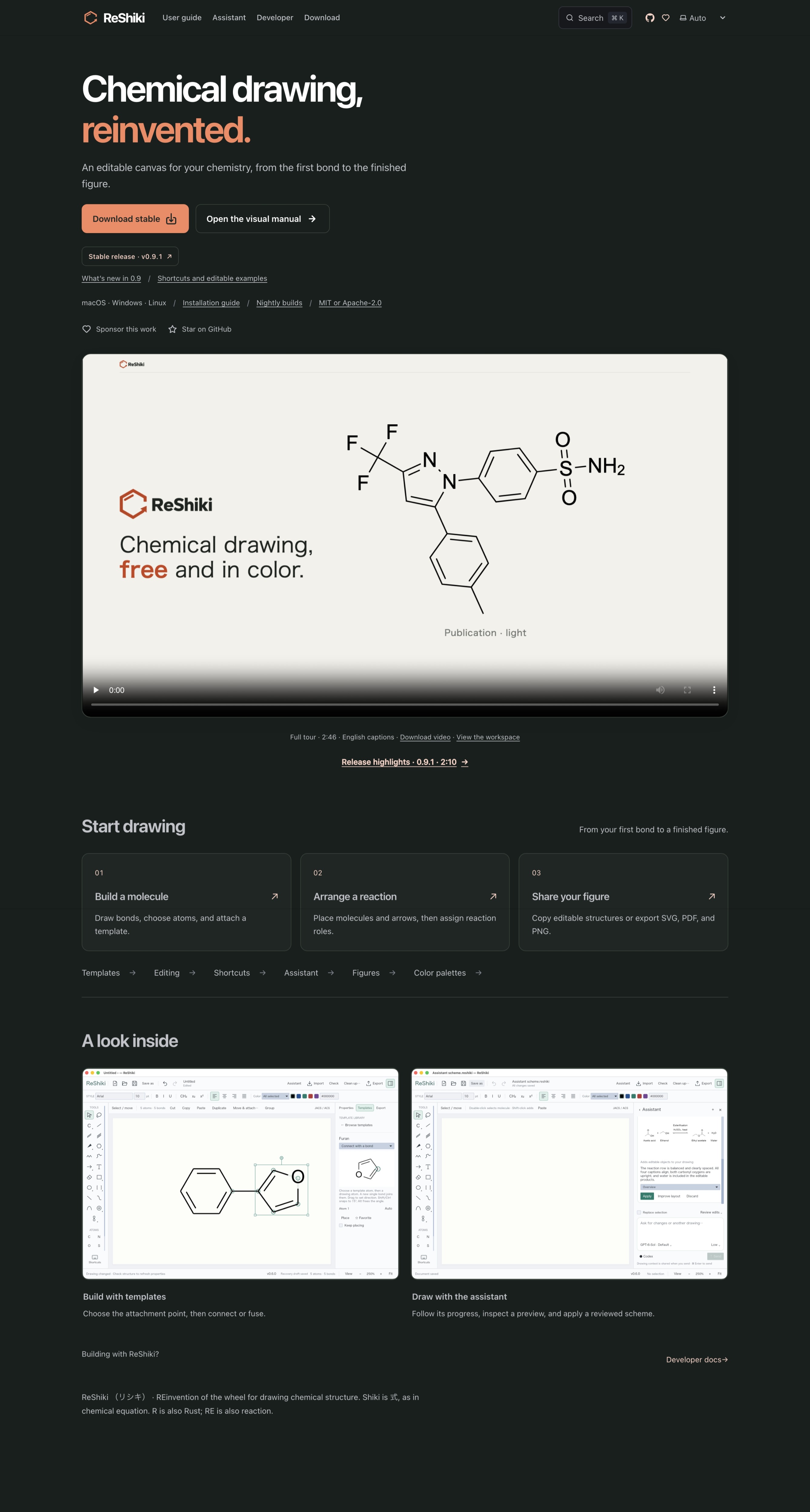 ReShiki homepage with an orange Download stable button, a Stable release version badge, and a smaller Nightly builds link beside the installation guide.