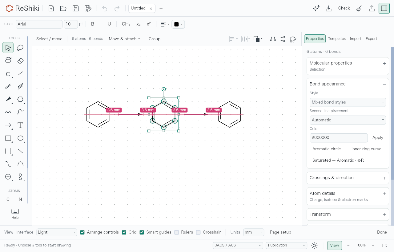 Smart guides align a reaction drawing in the compact tabbed workspace.