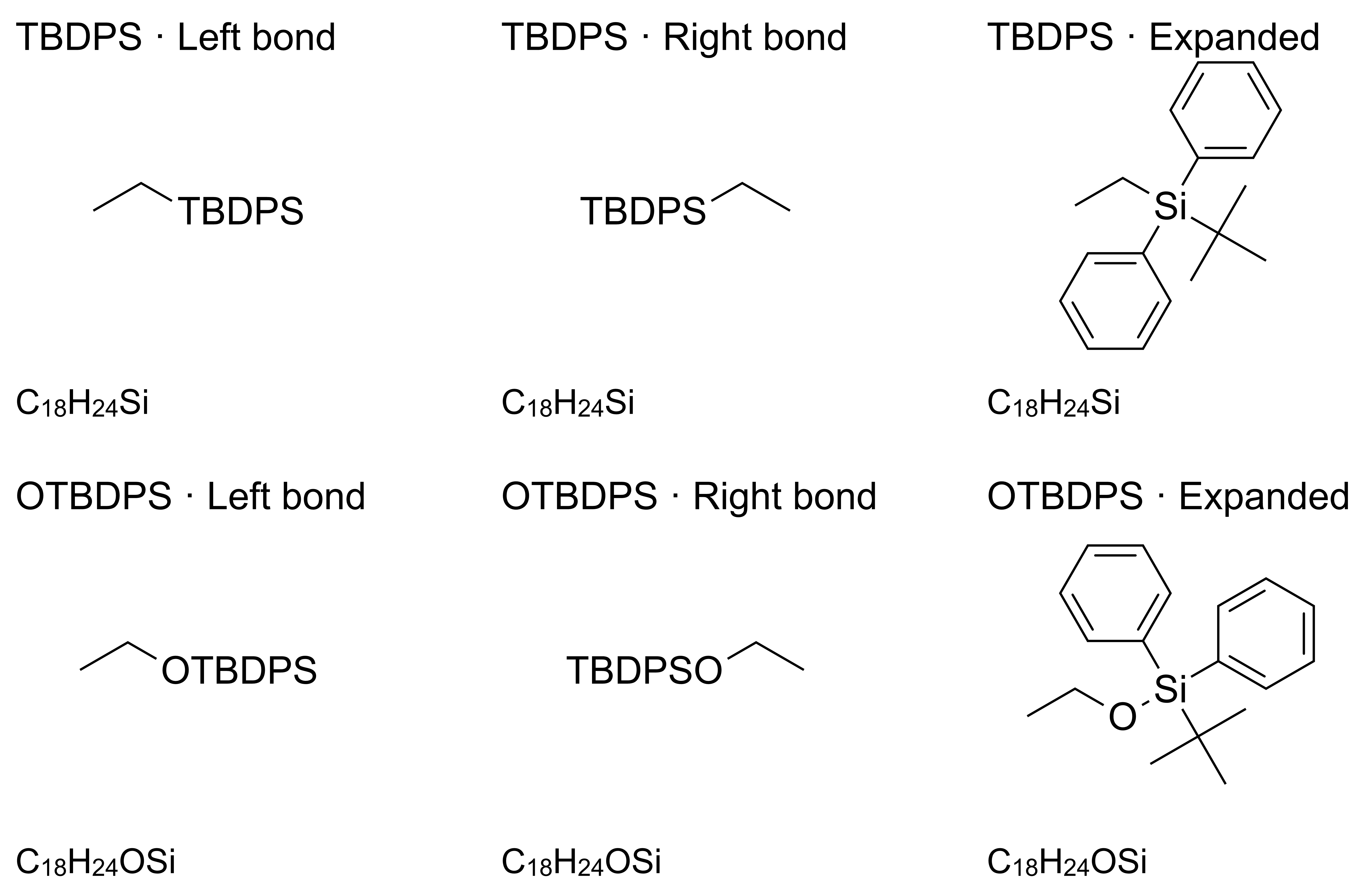 TBDPS and OTBDPS with left and right attachments, expanded structures, and matching molecular formulas.