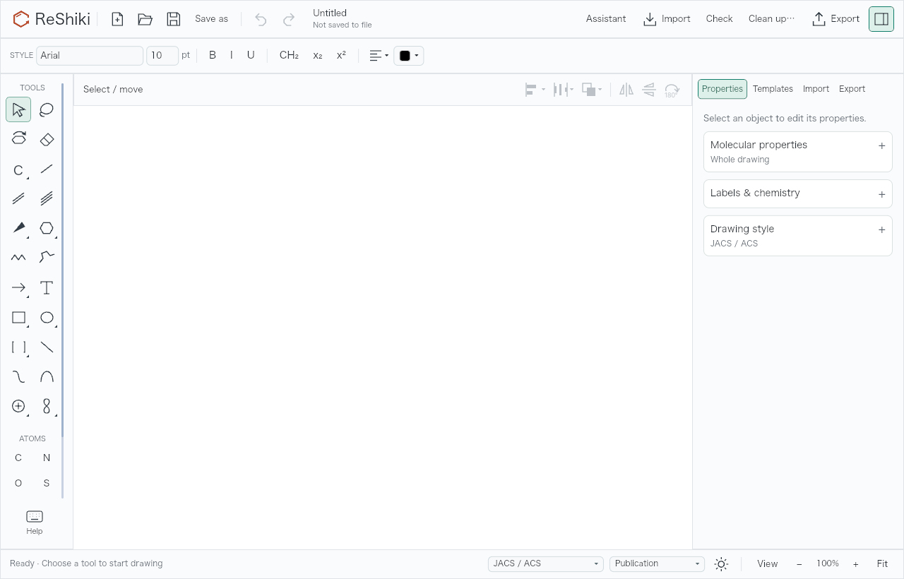After: an empty canvas; document settings sit in the status bar.