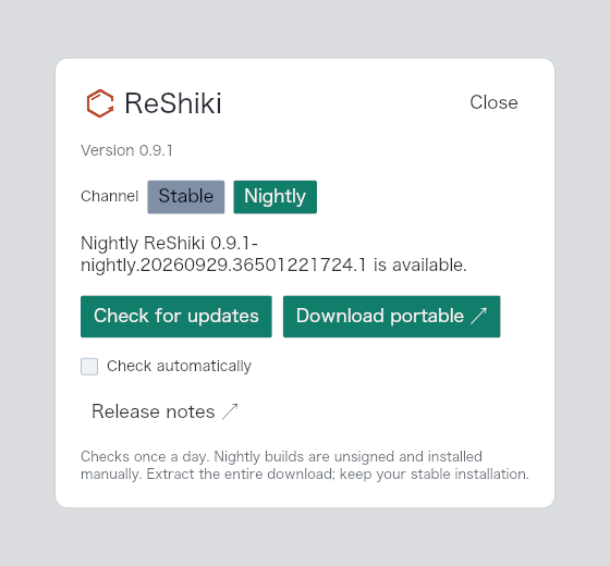 The update window offers Stable and Nightly, with a portable download and manual-install notice for the selected nightly build.