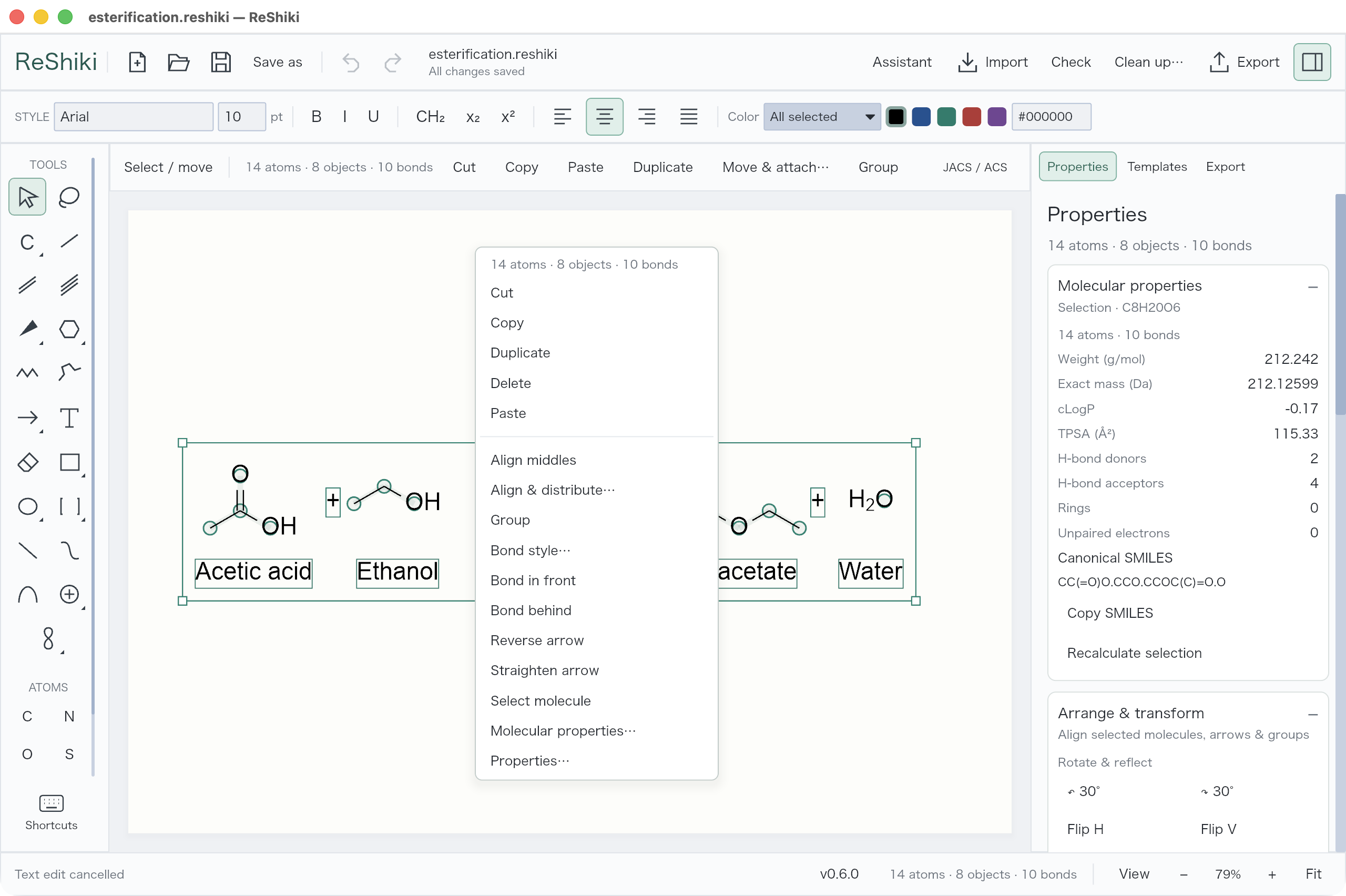 A selection context menu with Align middles, grouping, bond and arrow commands.