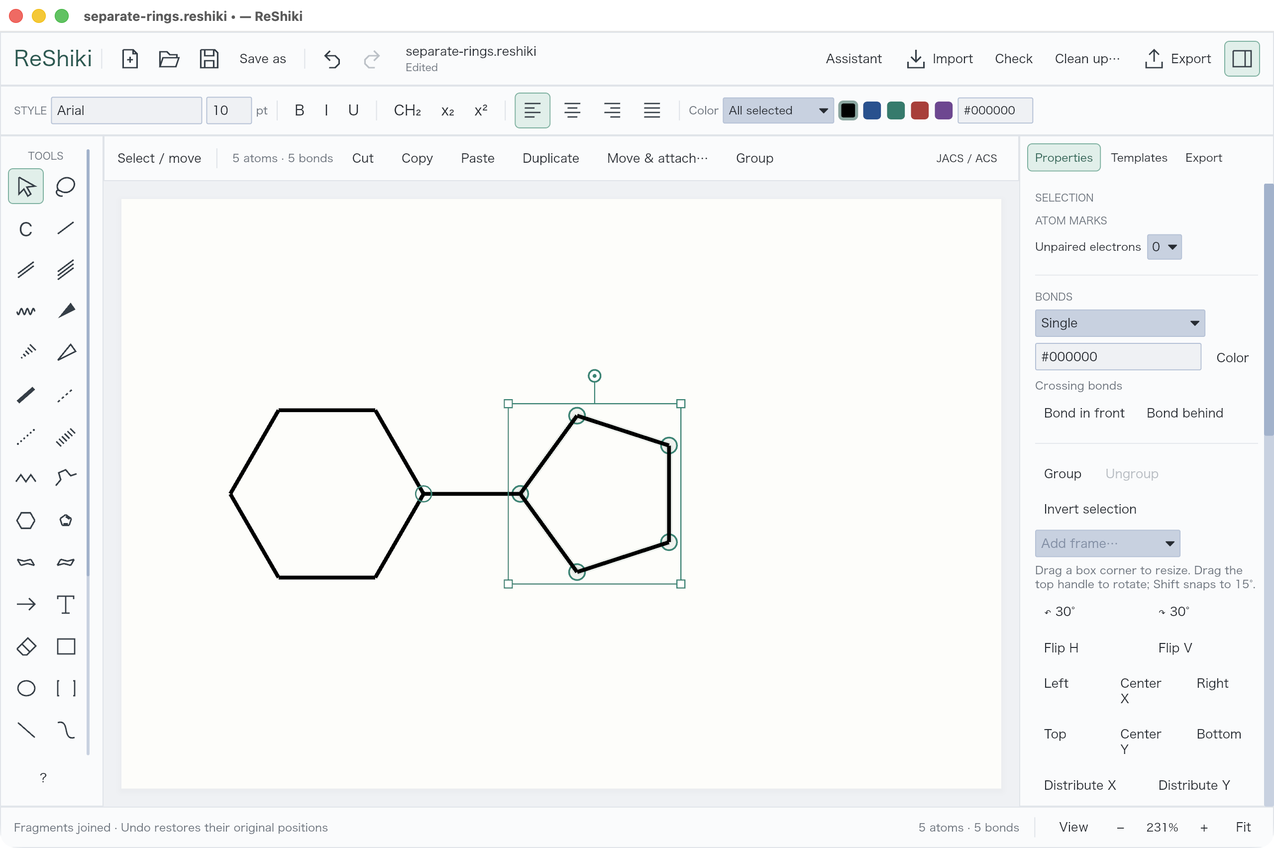 An existing cyclopentane fragment joined to cyclohexane with Move & attach.