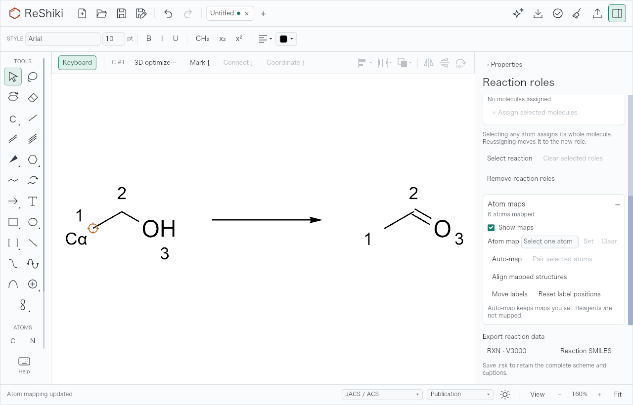 Ethanol oxidized to acetaldehyde with map numbers 1, 2 and 3 on both sides, and the Atom maps section of Reaction roles showing six mapped atoms.